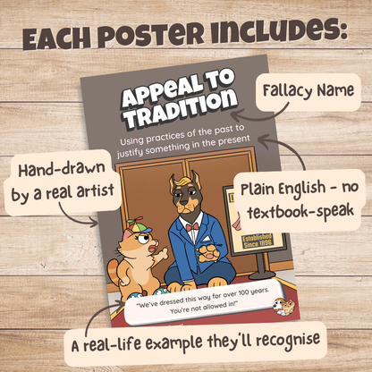 Appeal to Tradition poster with labels pointing out the fallacy name, plain English definition, hand-drawn artwork and real-life example
