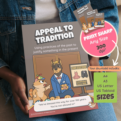 Someone holding the printed Appeal to Tradition poster, with a note that the download includes A4, A3, US Letter and US Tabloid sizes at 300 dpi