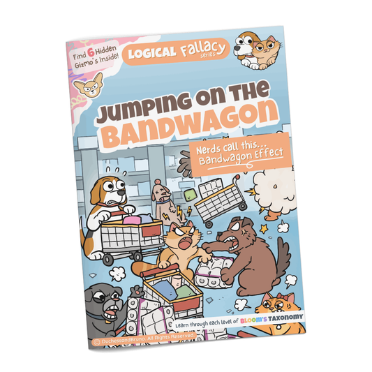 Bandwagon effect logical fallacy activity pack cover showing cartoon cat and dog characters with the tagline Jumping on the Bandwagon, professionally printed booklet
