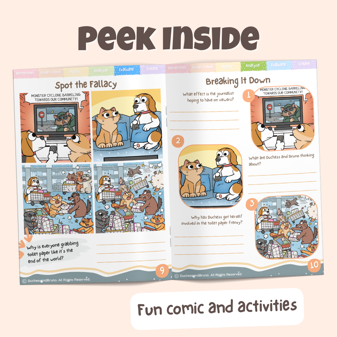 Peek inside the Bandwagon Effect pack showing the Spot the Fallacy comic and Breaking It Down activity pages with fun comics and activities