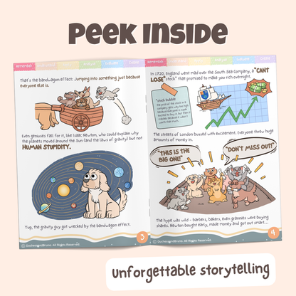 Peek inside the Bandwagon Effect pack showing illustrated historical storytelling pages about everyone betting on the South Sea company stock because everyone else was doing it