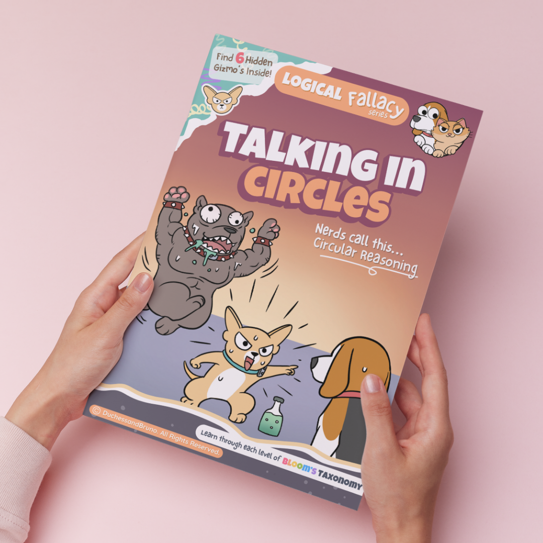 Hand holding a printed copy of the Circular Reasoning logical fallacy activity pack showing the cover and print quality