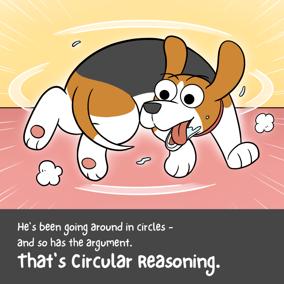 Illustrated comic panel from the Circular Reasoning poster with a caption explaining the reasoning mistake