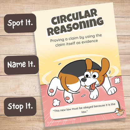 Printed Circular Reasoning fallacy poster on a wooden desk with Spot It, Name It, Stop It labels