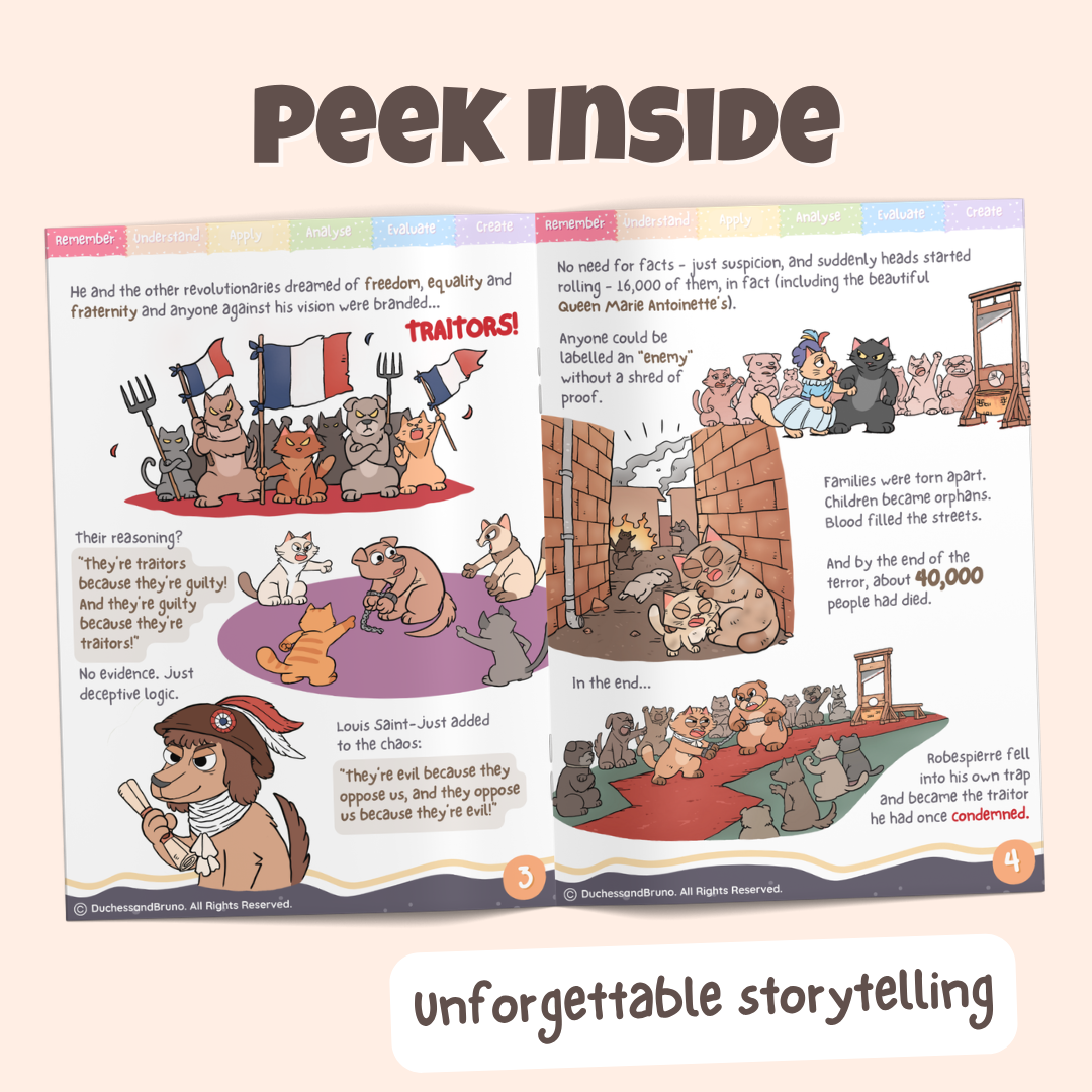 Peek inside the Circular Reasoning pack showing illustrated historical storytelling pages about how the French revolutionaries argued in circular loops to convict people of being anti-revolutionaries