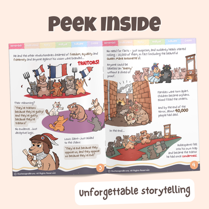 Peek inside the Circular Reasoning pack showing illustrated historical storytelling pages about how the French revolutionaries argued in circular loops to convict people of being anti-revolutionaries