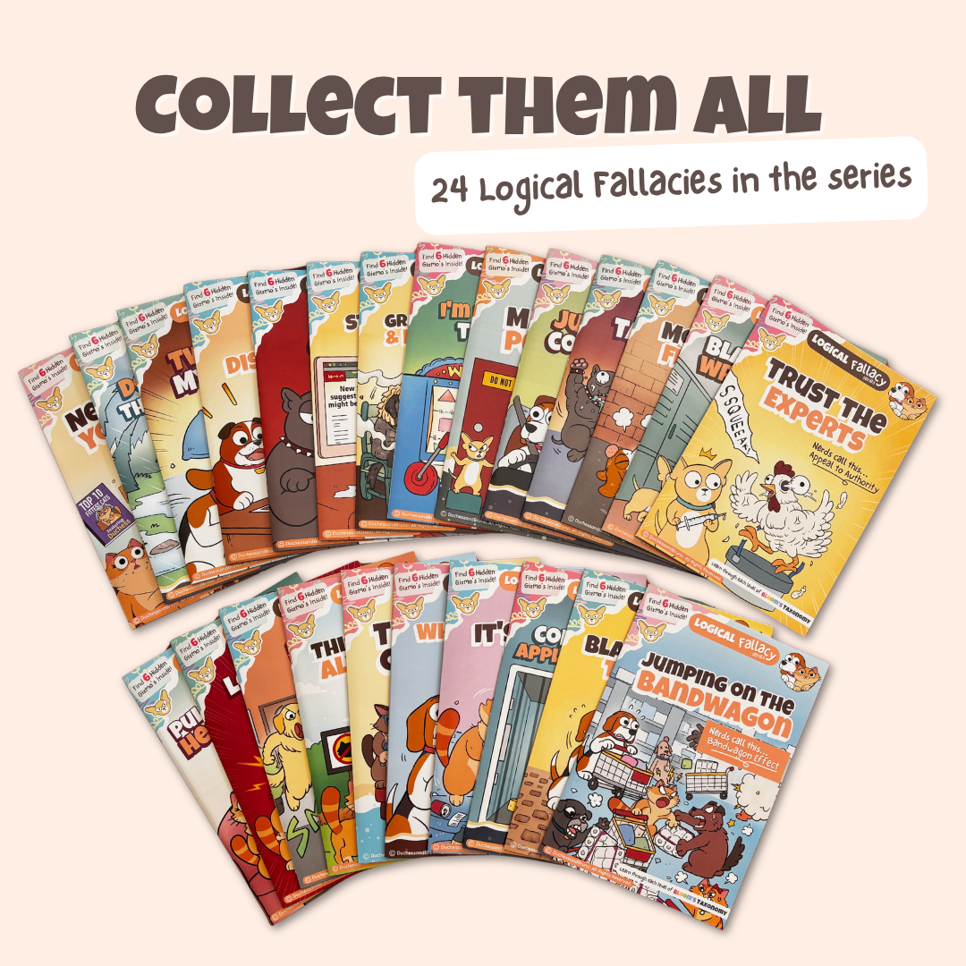 Collect them all showing all 24 logical fallacy activity packs available as professionally printed booklets with colourful covers fanned out
