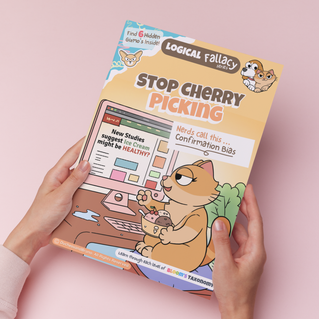 Hand holding a printed copy of the Confirmation bias logical fallacy activity pack showing the cover and print quality