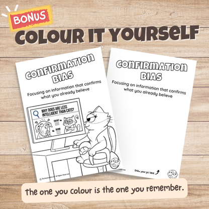 Confirmation Bias fallacy poster bonus colouring page, the same illustration in black and white for students to colour in