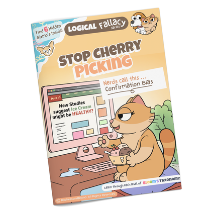 Confirmation bias logical fallacy activity pack cover showing cartoon a cat character with the tagline , professionally printed booklet