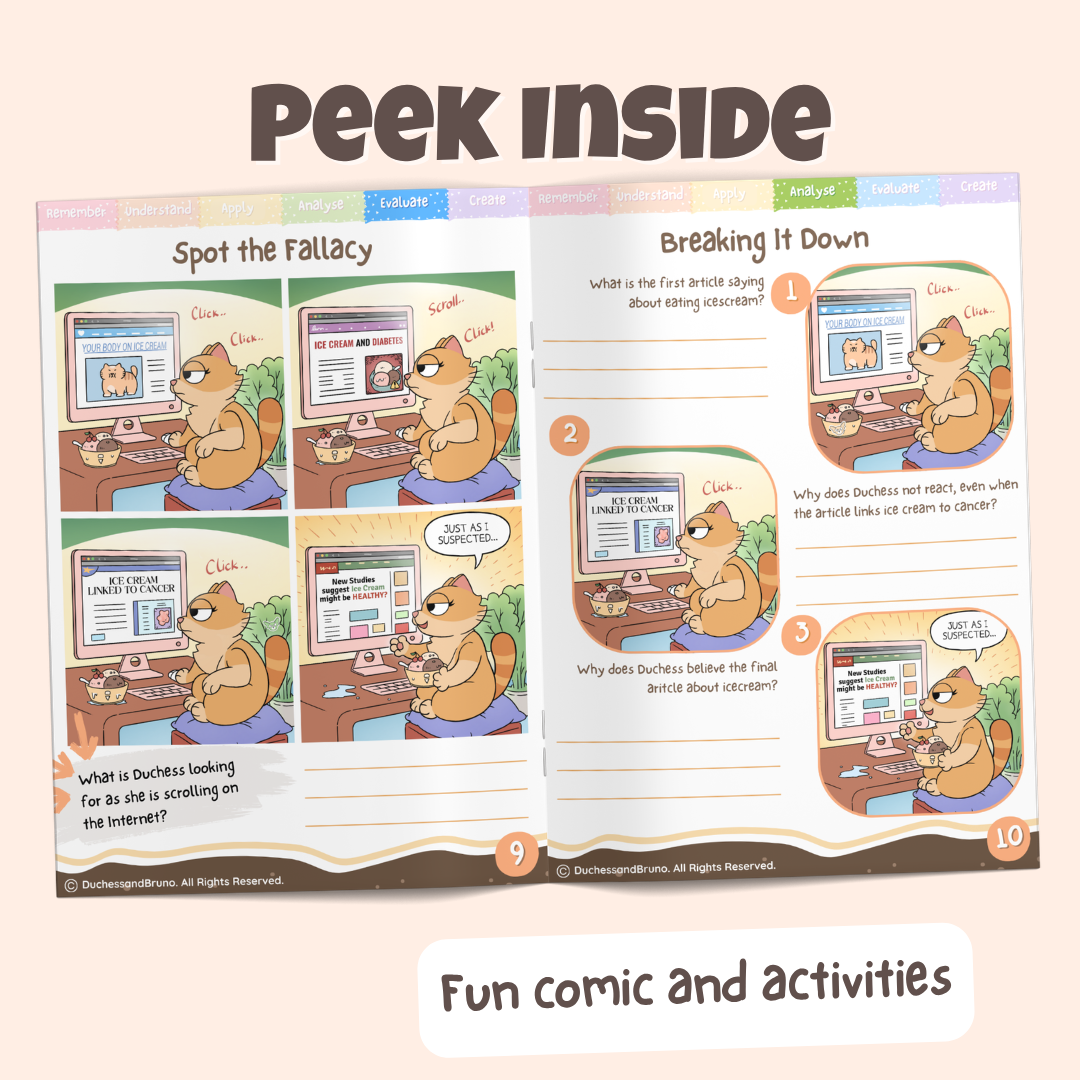 Peek inside the confirmation bias logical fallacy pack showing the Spot the Fallacy comic and Breaking It Down activity pages with fun comics and activities