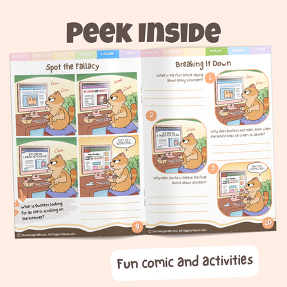 Peek inside the confirmation bias logical fallacy pack showing the Spot the Fallacy comic and Breaking It Down activity pages with fun comics and activities