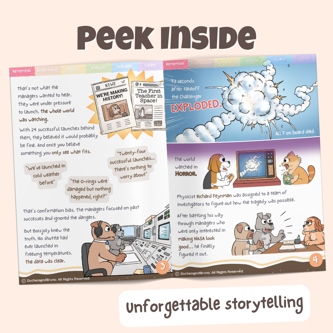 Peek inside the Confirmation bias pack showing illustrated historical storytelling pages about how bias led to the 1986 Challenger disaster