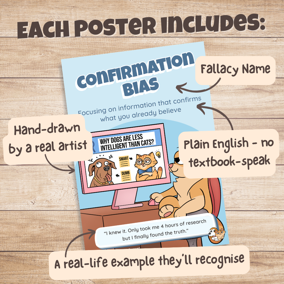 Confirmation Bias poster with labels pointing out the fallacy name, plain English definition, hand-drawn artwork and real-life example