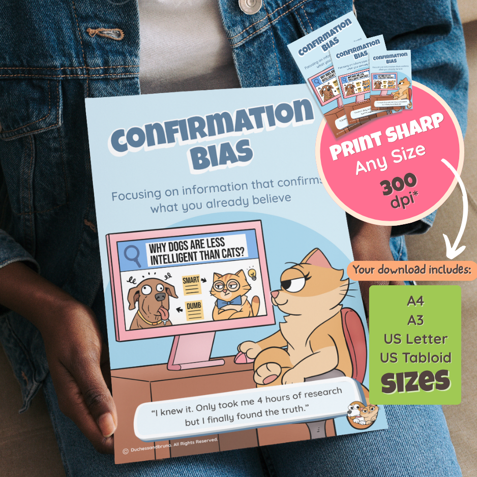 Someone holding the printed Confirmation Bias poster, with a note that the download includes A4, A3, US Letter and US Tabloid sizes at 300 dpi
