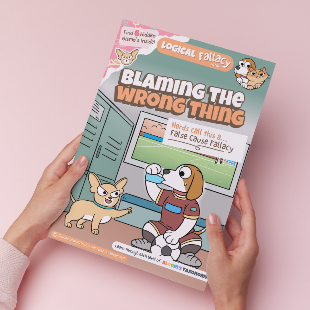 Hand holding a printed copy of the False Cause logical fallacy activity pack showing the cover and print quality
