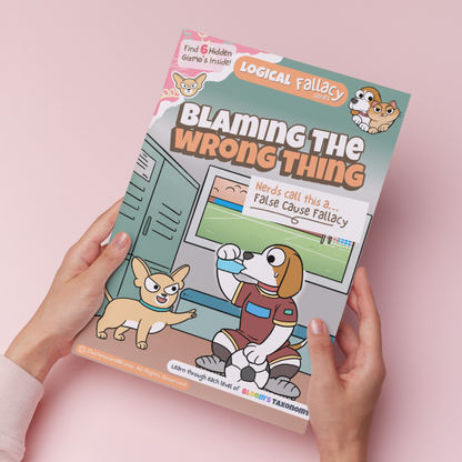 Hand holding a printed copy of the False Cause logical fallacy activity pack showing the cover and print quality
