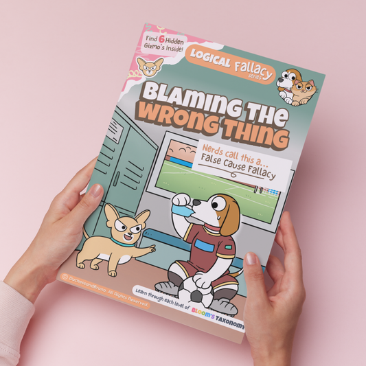 Hand holding a printed copy of the False Cause logical fallacy activity pack showing the cover and print quality
