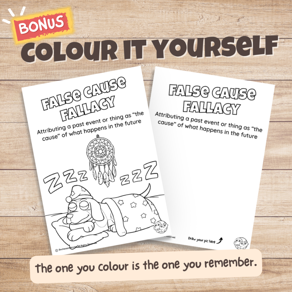 False Cause fallacy poster bonus colouring page, the same illustration in black and white for students to colour in