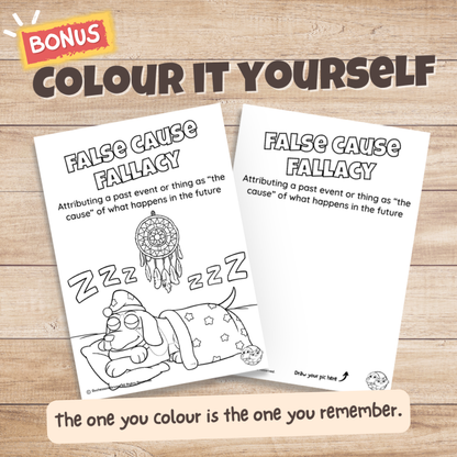 False Cause fallacy poster bonus colouring page, the same illustration in black and white for students to colour in