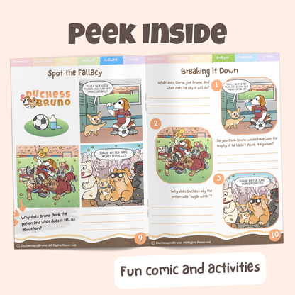 Peek inside the False Cause pack showing the Spot the Fallacy comic and Breaking It Down activity pages with fun comics and activities