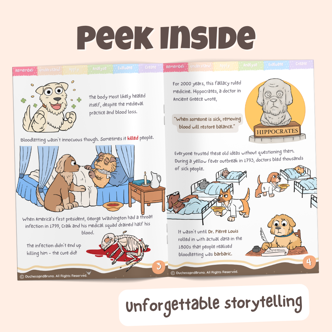 Peek inside the False Cause pack showing illustrated historical storytelling pages about how doctors believed bloodletting cured sickness