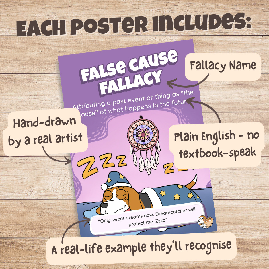 False Cause poster with labels pointing out the fallacy name, plain English definition, hand-drawn artwork and real-life example
