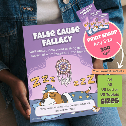 Someone holding the printed False Cause poster, with a note that the download includes A4, A3, US Letter and US Tabloid sizes at 300 dpi