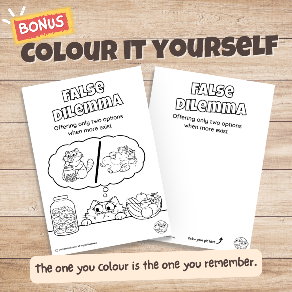 False Dilemma fallacy poster bonus colouring page, the same illustration in black and white for students to colour in