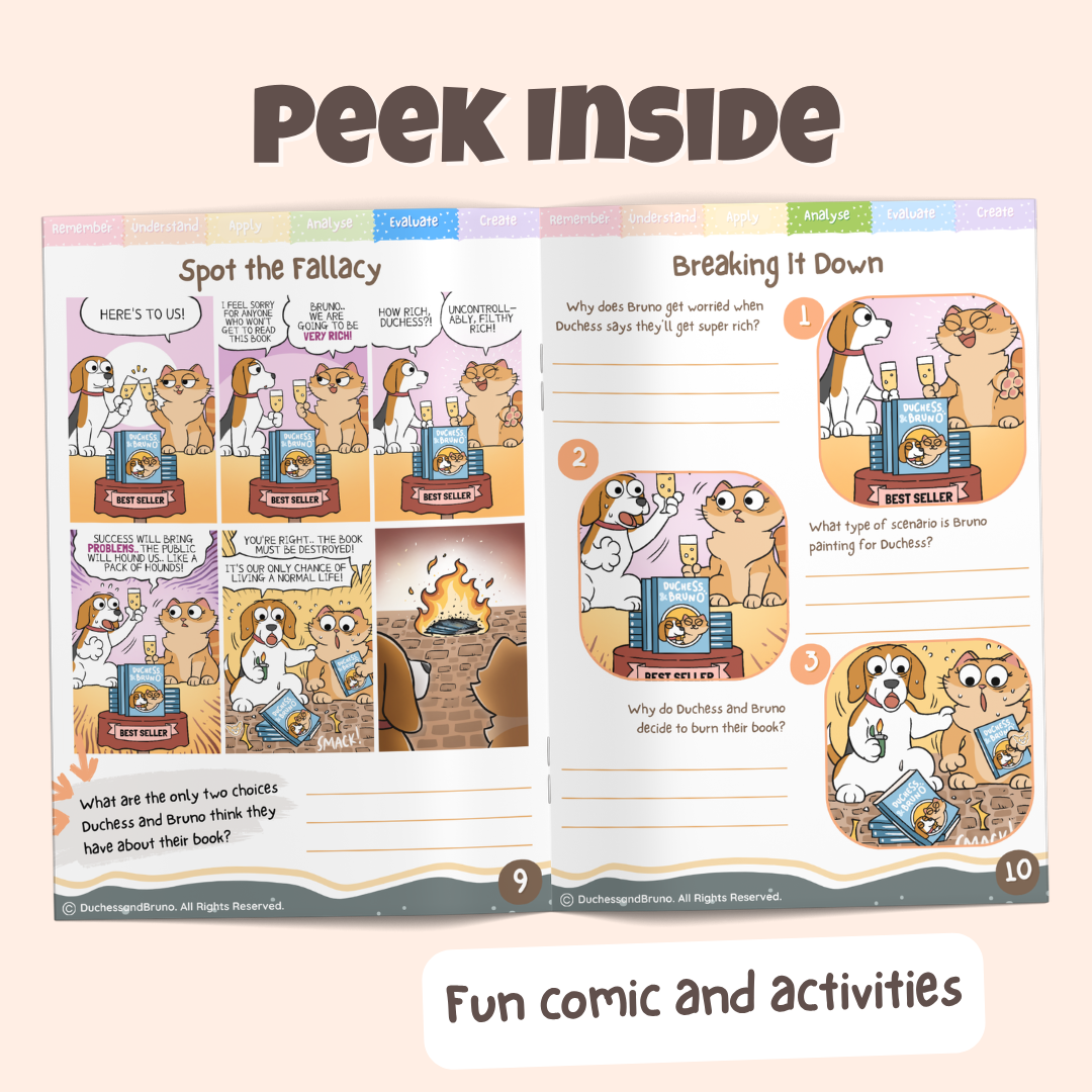 Peek inside the False Dilemma pack showing the Spot the Fallacy comic and Breaking It Down activity pages with fun comics and activities