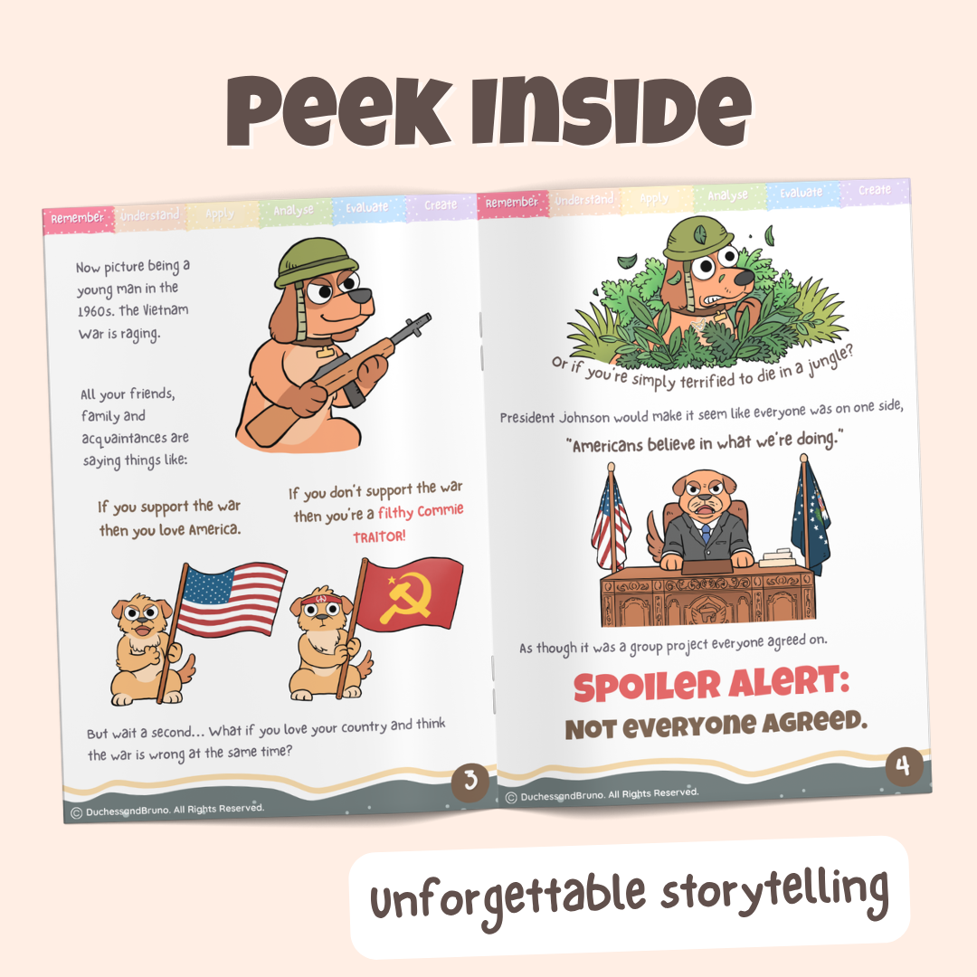 Peek inside the False Dilemma pack showing illustrated historical storytelling pages about how during the Vietnam War the American government made it look like there were only two options, either being against or for the war, no in between