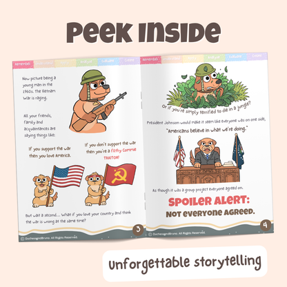 Peek inside the False Dilemma pack showing illustrated historical storytelling pages about how during the Vietnam War the American government made it look like there were only two options, either being against or for the war, no in between