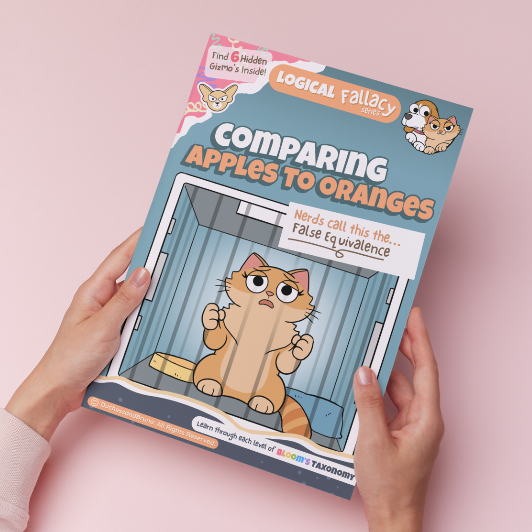 Hand holding a printed copy of the False Equivalence logical fallacy activity pack showing the cover and print quality