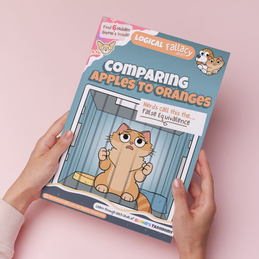 Hand holding a printed copy of the False Equivalence logical fallacy activity pack showing the cover and print quality