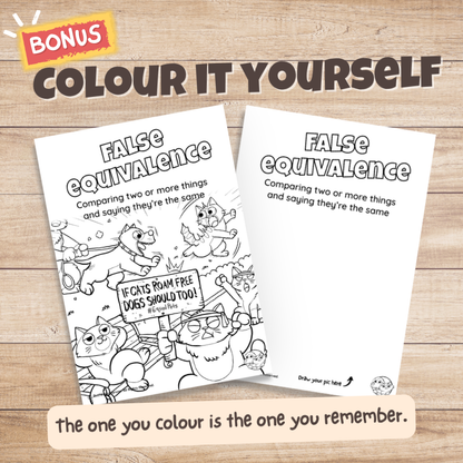 False Equivalence fallacy poster bonus colouring page, the same illustration in black and white for students to colour in