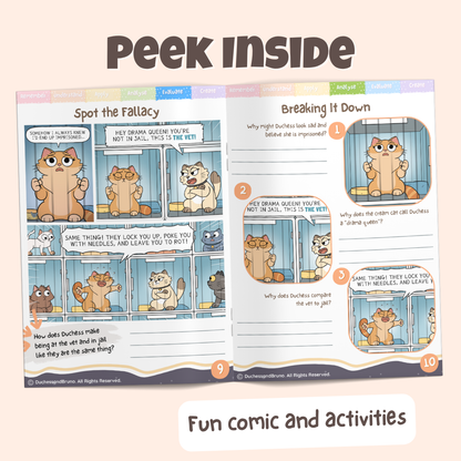 Peek inside the False Equivalence pack showing the Spot the Fallacy comic and Breaking It Down activity pages with fun comics and activities