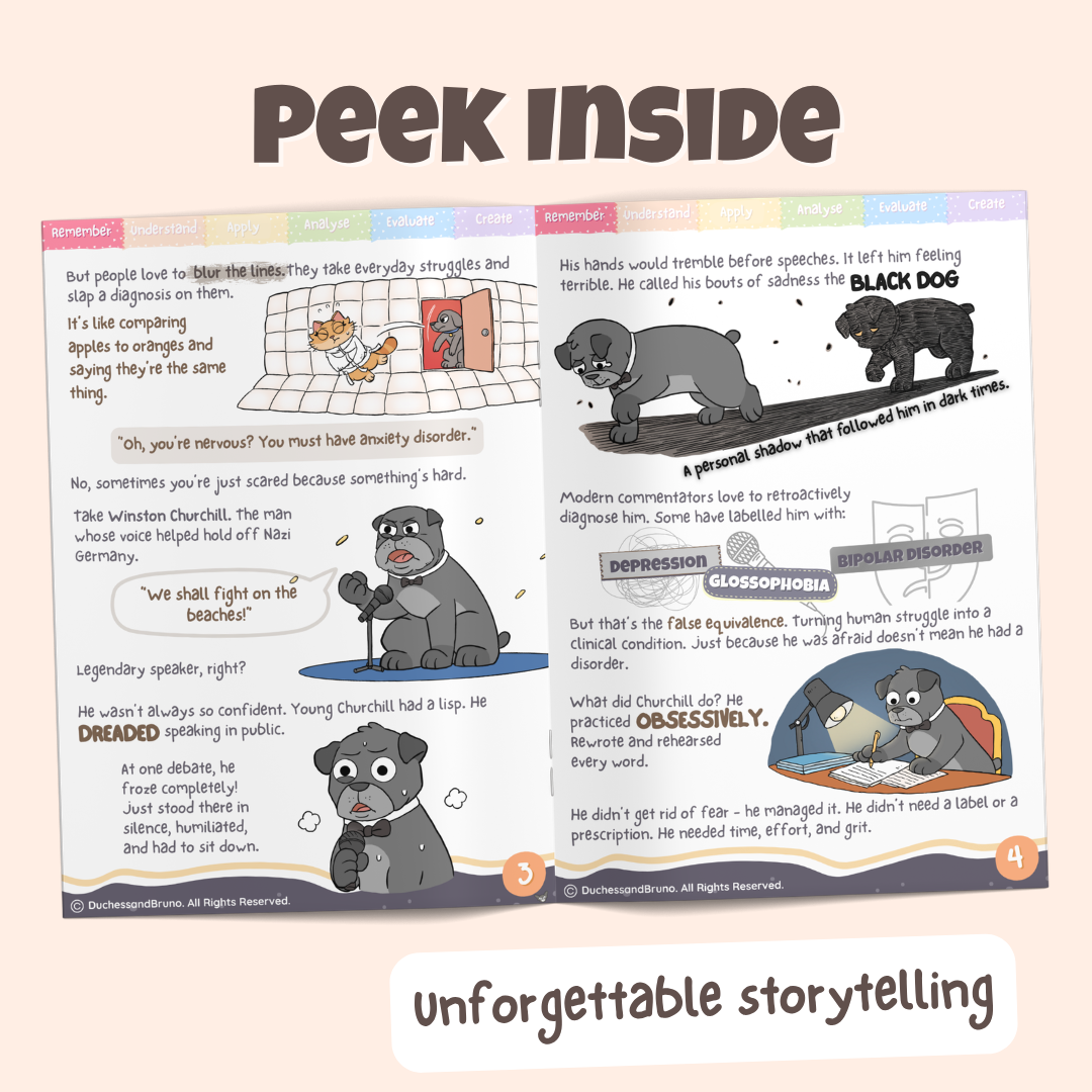 Peek inside the False Equivalence pack showing illustrated historical storytelling pages about how comparing anxiety to phobias prevents a person from overcoming their fears