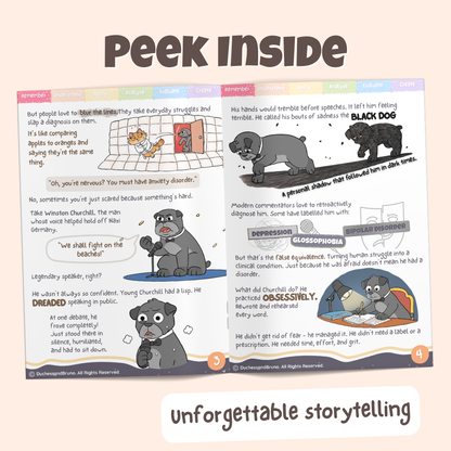 Peek inside the False Equivalence pack showing illustrated historical storytelling pages about how comparing anxiety to phobias prevents a person from overcoming their fears