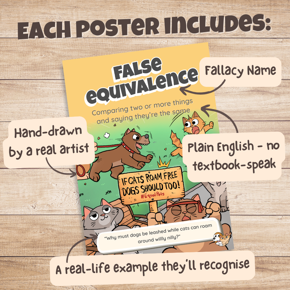 False Equivalence poster with labels pointing out the fallacy name, plain English definition, hand-drawn artwork and real-life example