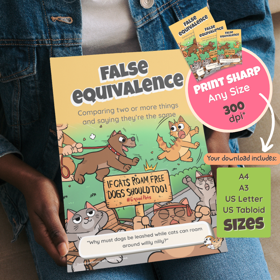 Someone holding the printed False Equivalence poster, with a note that the download includes A4, A3, US Letter and US Tabloid sizes at 300 dpi