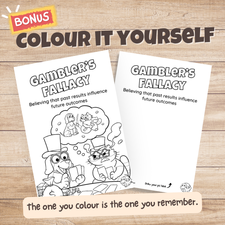 Gambler's Fallacy poster bonus colouring page, the same illustration in black and white for students to colour in