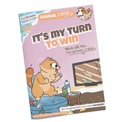 Gambler's fallacy logical fallacy activity pack cover showing a cat character with the tagline It's My Turn to Win, professionally printed booklet