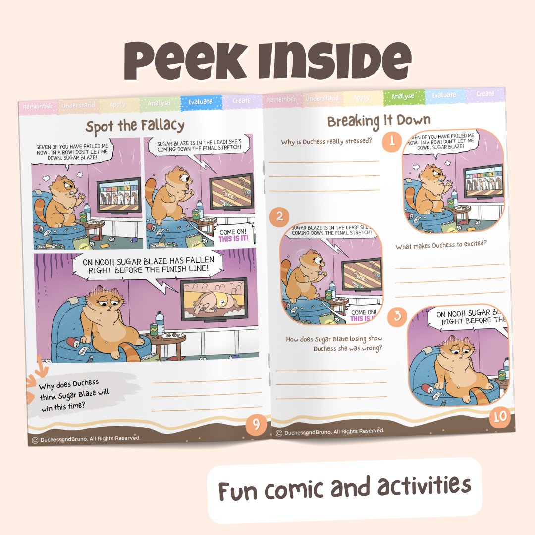 Peek inside the Gambler's fallacy pack showing the Spot the Fallacy comic and Gambler's fallacy activity pages with fun comics and activities