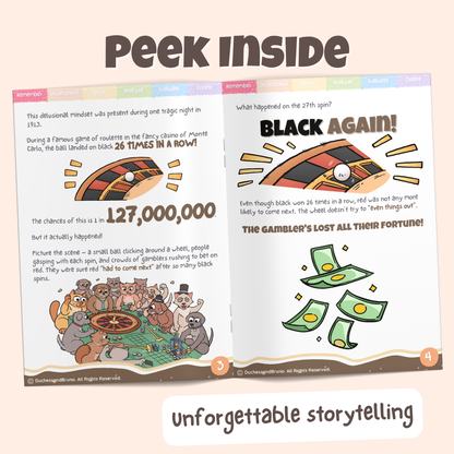 Peek inside the Gambler's fallacy pack showing illustrated historical storytelling pages about the Monte Carlo casino even where gambler's lost millions