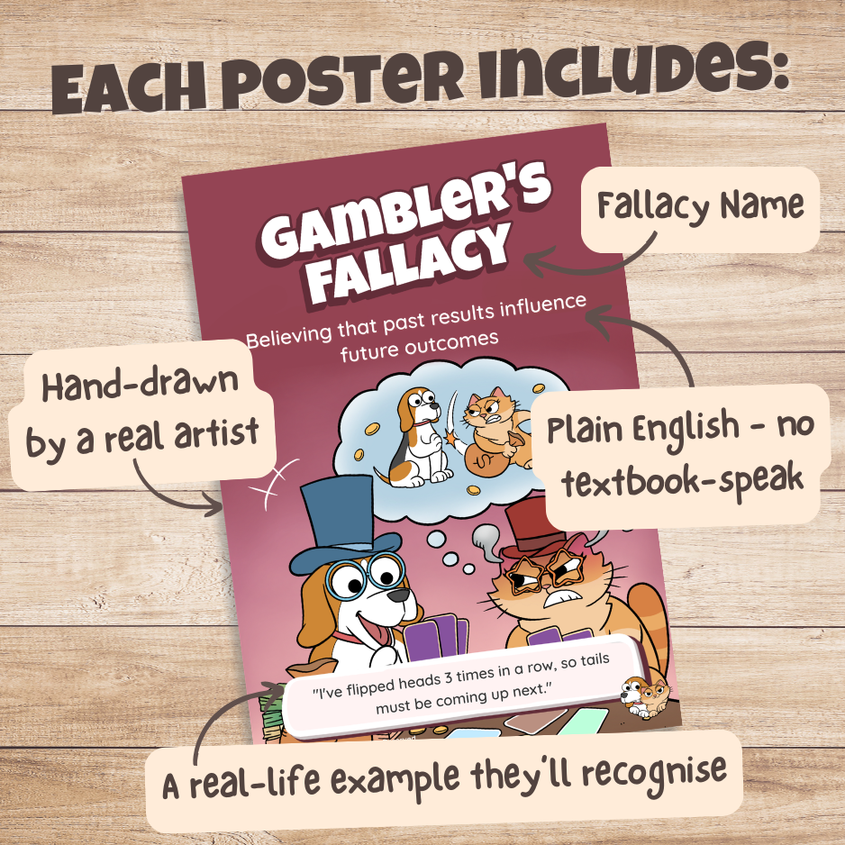 Gambler's Fallacy poster with labels pointing out the fallacy name, plain English definition, hand-drawn artwork and real-life example