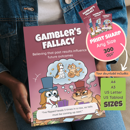 Someone holding the printed Gambler's Fallacy poster, with a note that the download includes A4, A3, US Letter and US Tabloid sizes at 300 dpi