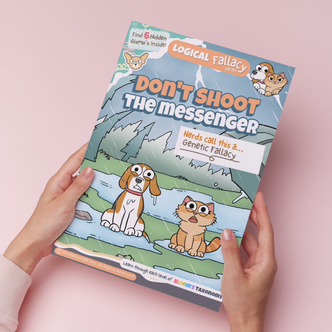 Hand holding a printed copy of the Genetic logical fallacy activity pack showing the cover and print quality