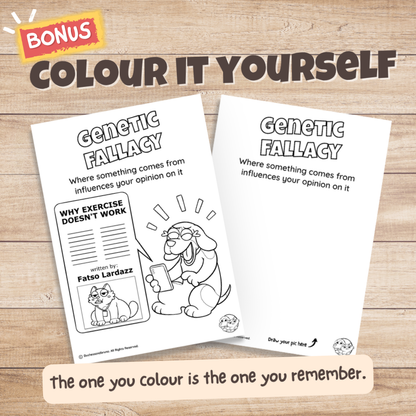 Genetic Fallacy poster bonus colouring page, the same illustration in black and white for students to colour in