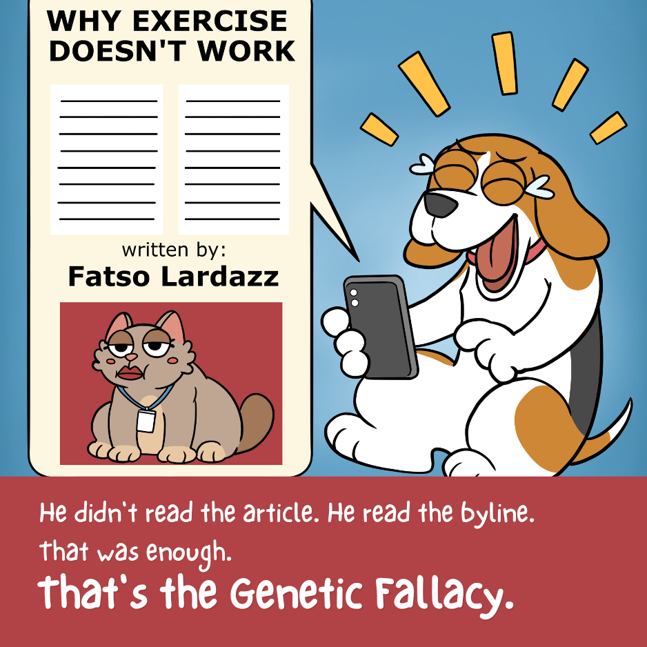 Illustrated comic panel from the Genetic Fallacy poster with a caption explaining the reasoning mistake