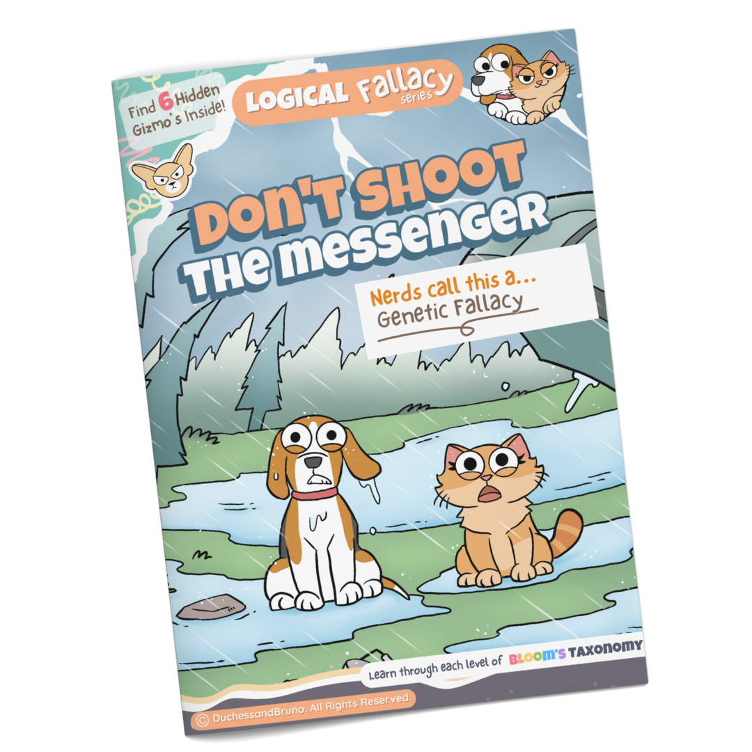 Genetic logical fallacy activity pack cover showing cartoon dog and cat characters with the tagline Don't Shoot the Messenger, professionally printed booklet
